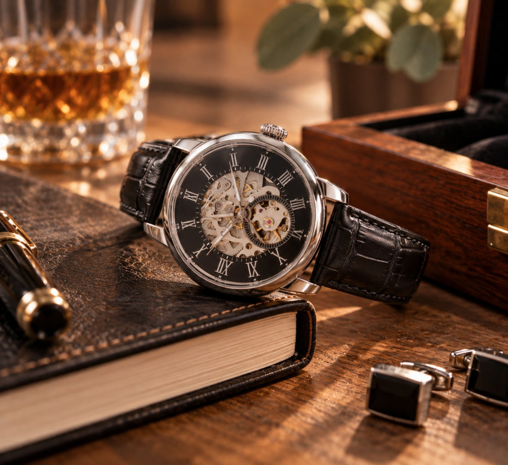 The Evermore Watch styled in a warm, refined lifestyle setting for Providence Lane's For Him collection